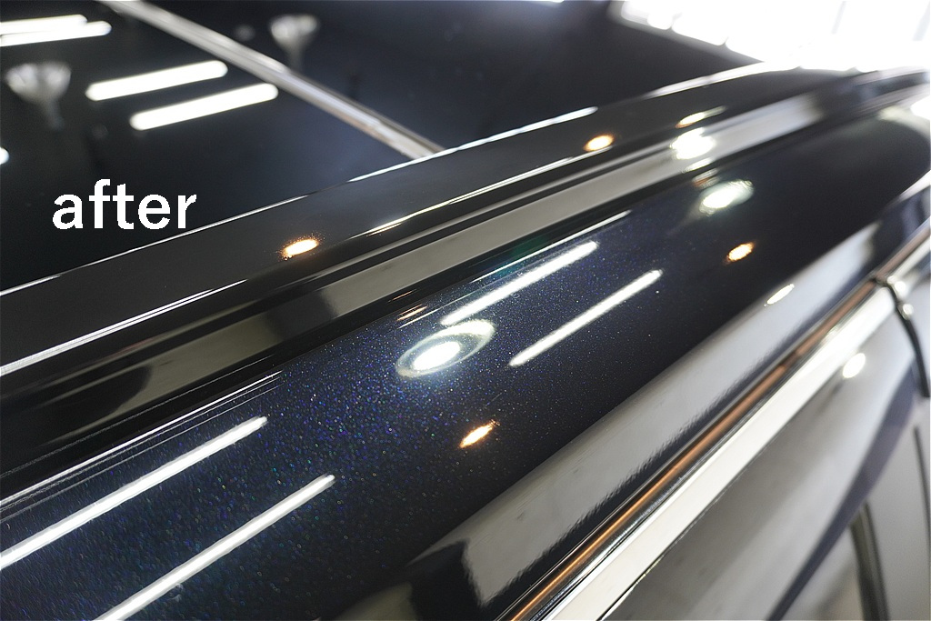 宮城県仙台市でのRAV4施工前後の比較画像。新車特有の塗装の曇りを独自の磨きで解消し、コーティングによって本来の深い艶を復元。