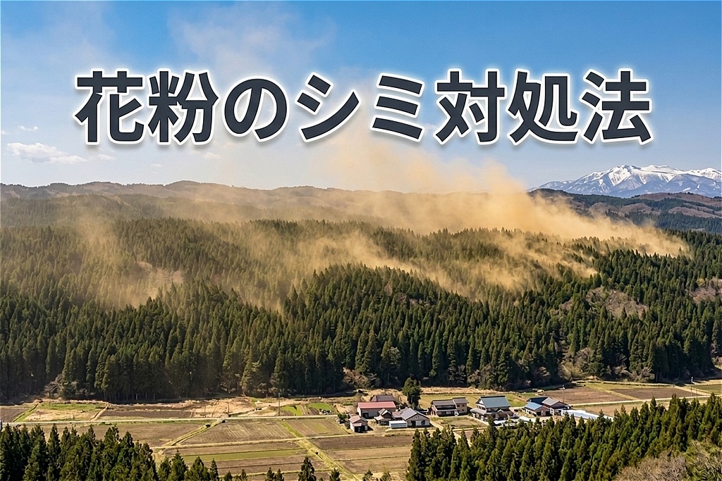 宮城県仙台市の杉林から飛散する大量の花粉。車への固着やシミの原因となる、春の過酷な環境を象徴するイメージ。