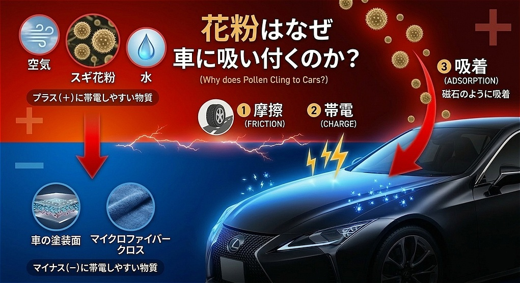 【保存版】なぜ車に花粉が付くのか？帯電列の仕組みとコーティング・アルミテープによる静電気対策の解説図