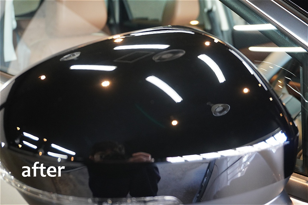 宮城県仙台市での花粉シミ除去とコーティング。塗装に浸透したペクチンを専門技術でリセットし、新車時の平滑な艶を復元します。ミラー