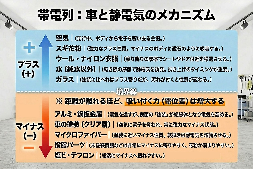 【保存版】なぜ車に花粉が付くのか？帯電列の仕組みとコーティング・アルミテープによる静電気対策の解説図